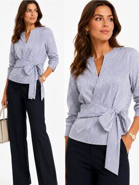 J.Crew Blue Stripe Wrap Shirt Tie-Waist Cotton Stretch Blouse Size M